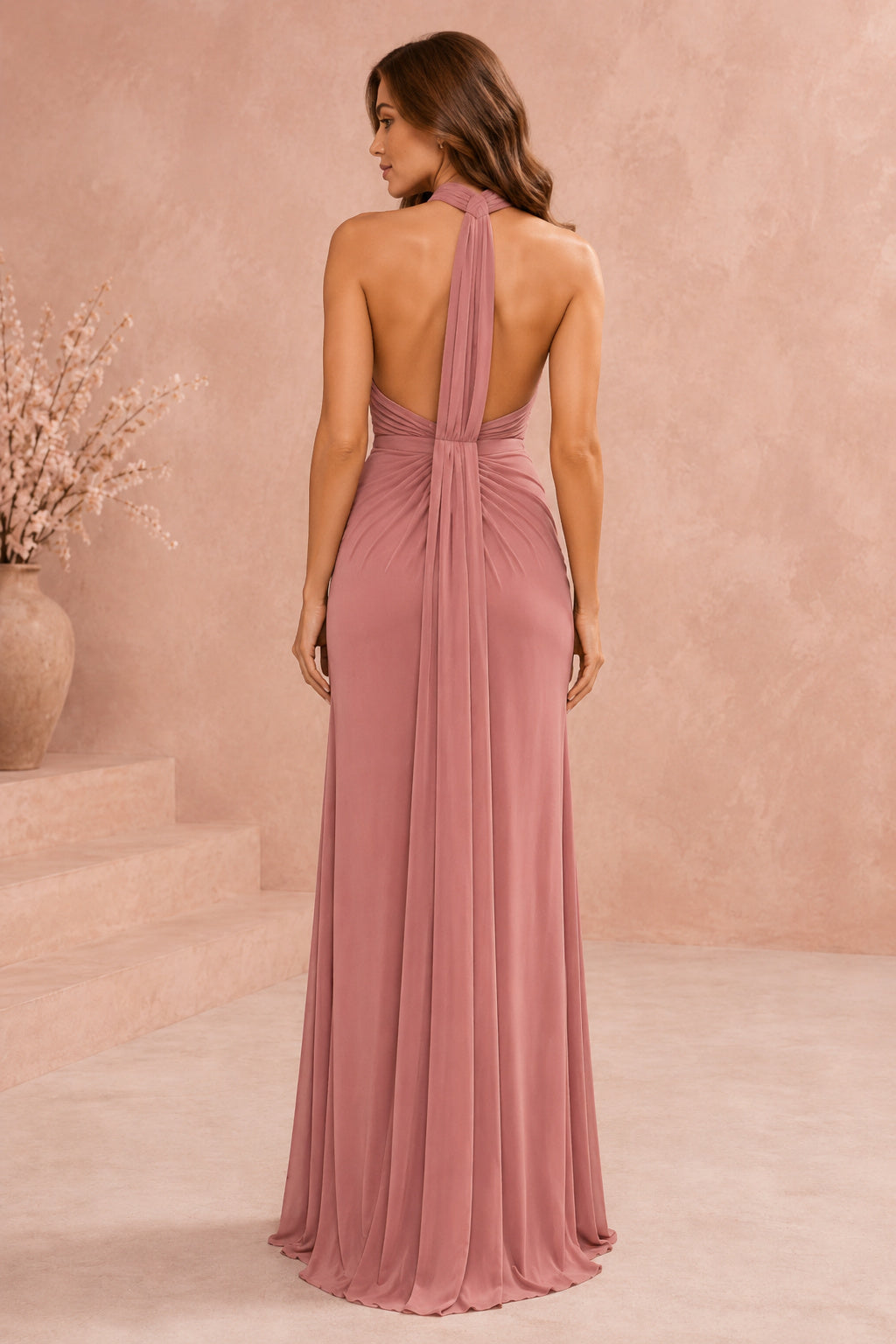 Dusty Rose Halter Chiffon A-Line Formal Dress back view