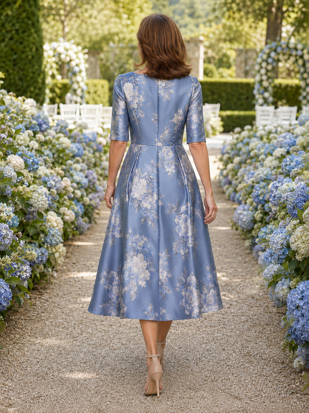 Dusty blue floral half sleeve A line midi wedding guest dress back view