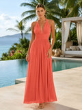 Coral Plunging Halter Chiffon Tropical Vacation Maxi Dress front view
