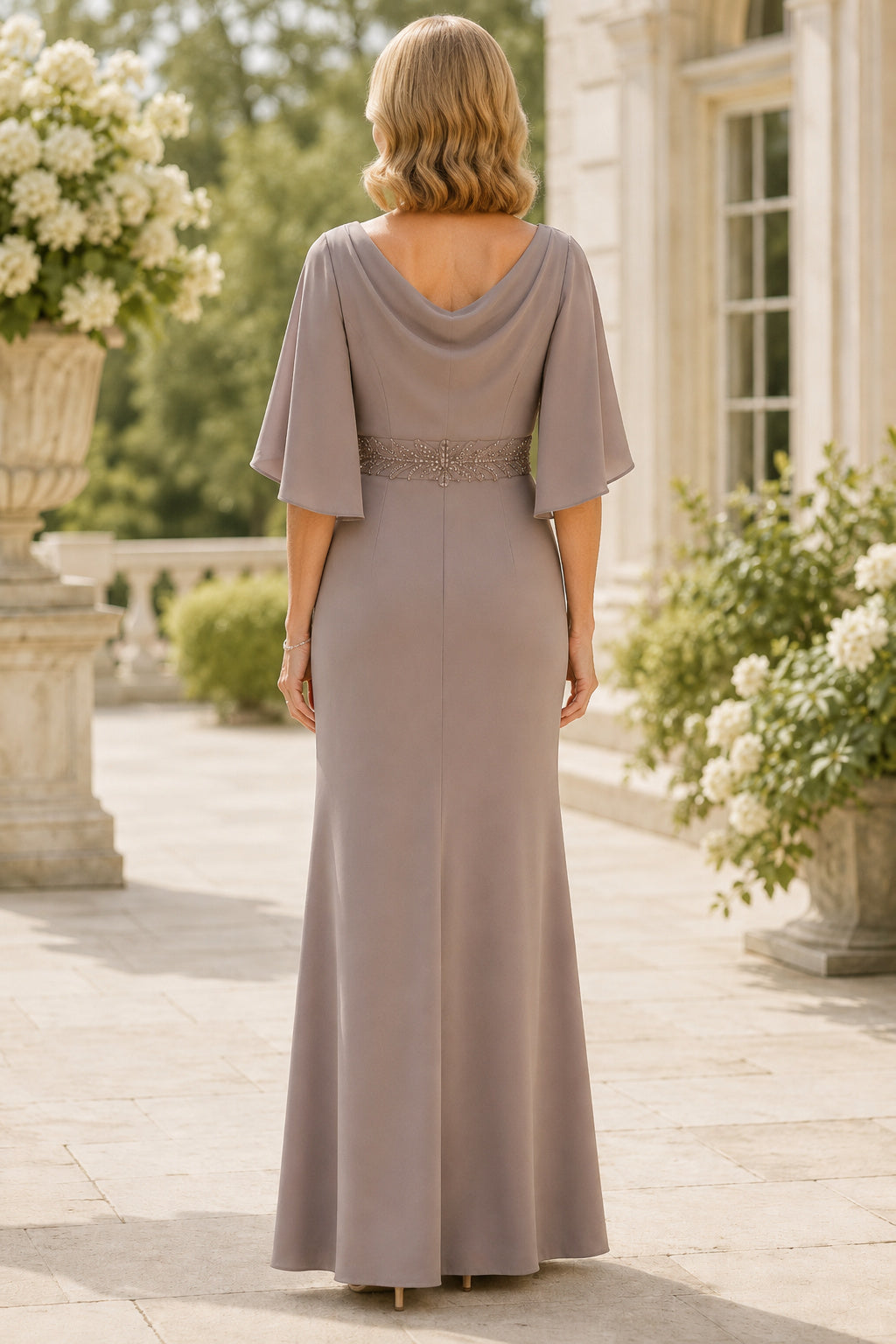 Taupe Cowl Neck Sheath Mother Dress with Flutter Sleeves and Beaded Waist for Evening Reception back view