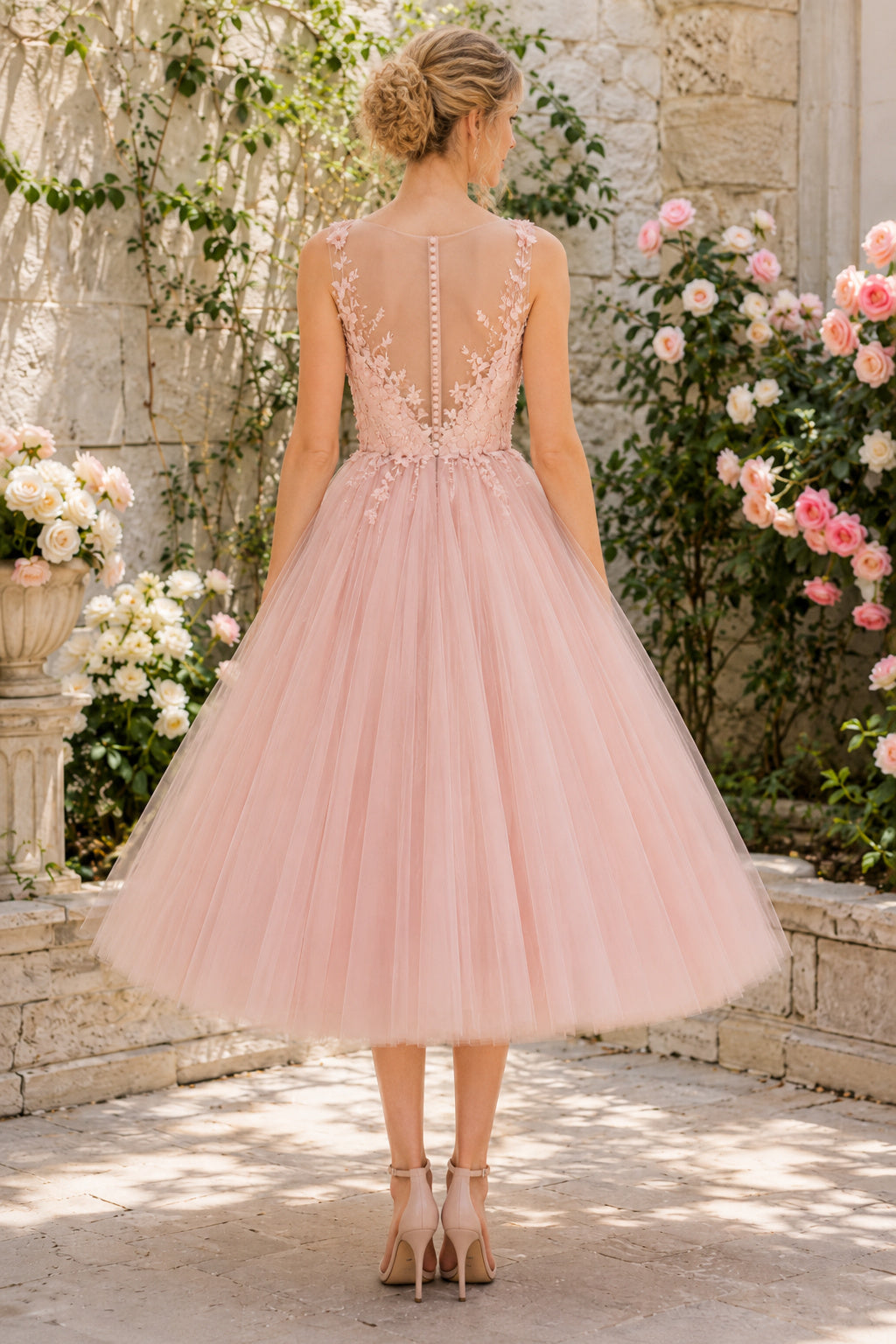 Blushing Pink One Shoulder Lace Bodice with Tea Length Tulle Skirt Tea Length A-Line Homecoming Dress back view