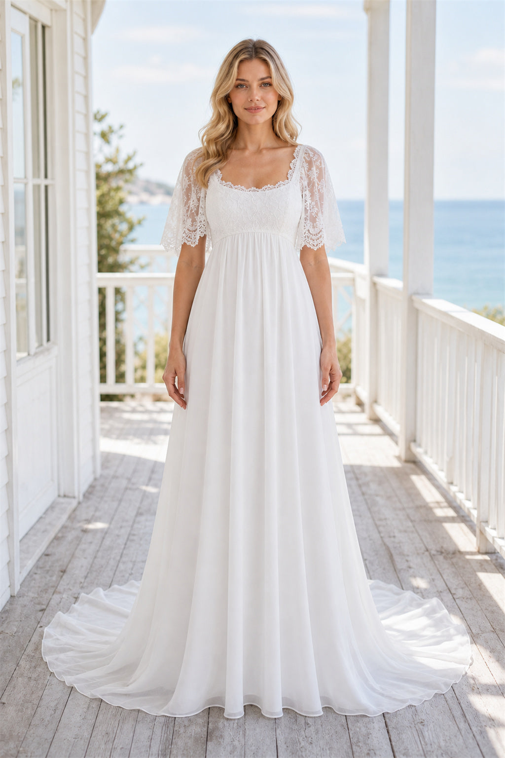 White Bateau Three-Quarter Sleeves A-Line Crepe Floor-length Wedding Dress With Sweep Train and Open Back and Open Back