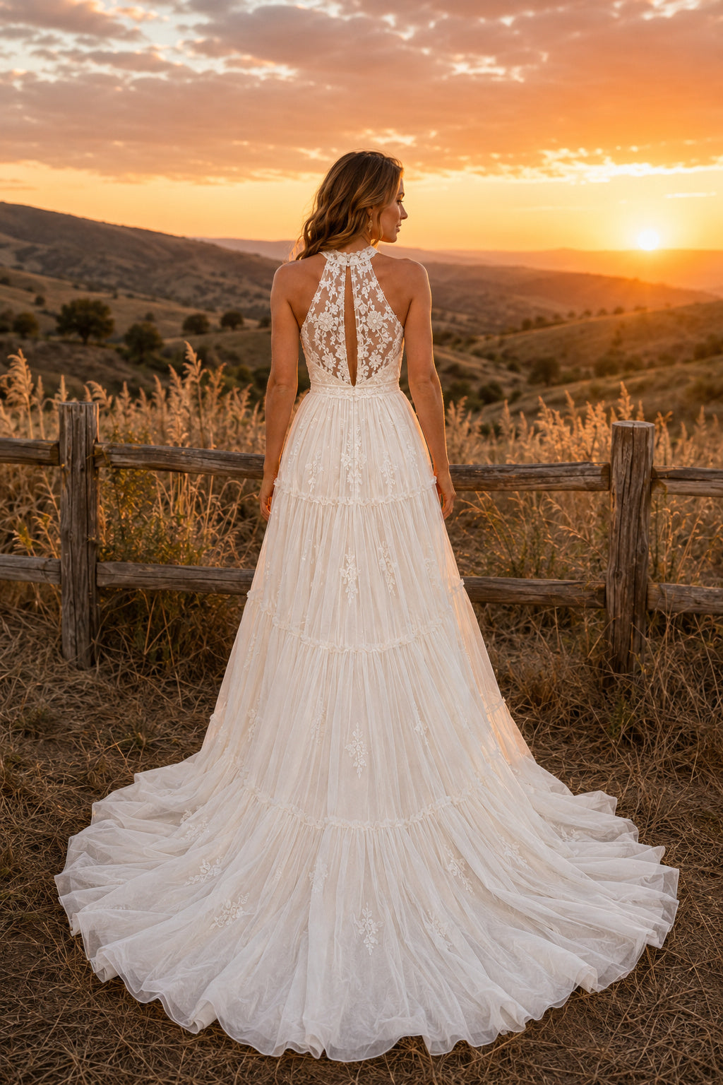 Halter High Neck Tiered A-Line Wedding Dress with Lace Bodice and Tulle Train for Rustic Garden Ceremony back view