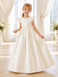 Ivory Classic Bow Back Satin Bow Back A-Line Flower Girl Dress with Flutter Sleeves, Jewel Neck and Floor-Length Skirt front