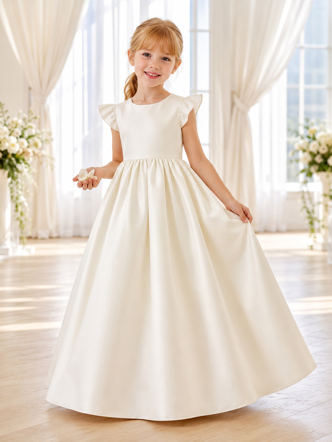 Ivory Classic Bow Back Satin Bow Back A-Line Flower Girl Dress with Flutter Sleeves, Jewel Neck and Floor-Length Skirt front