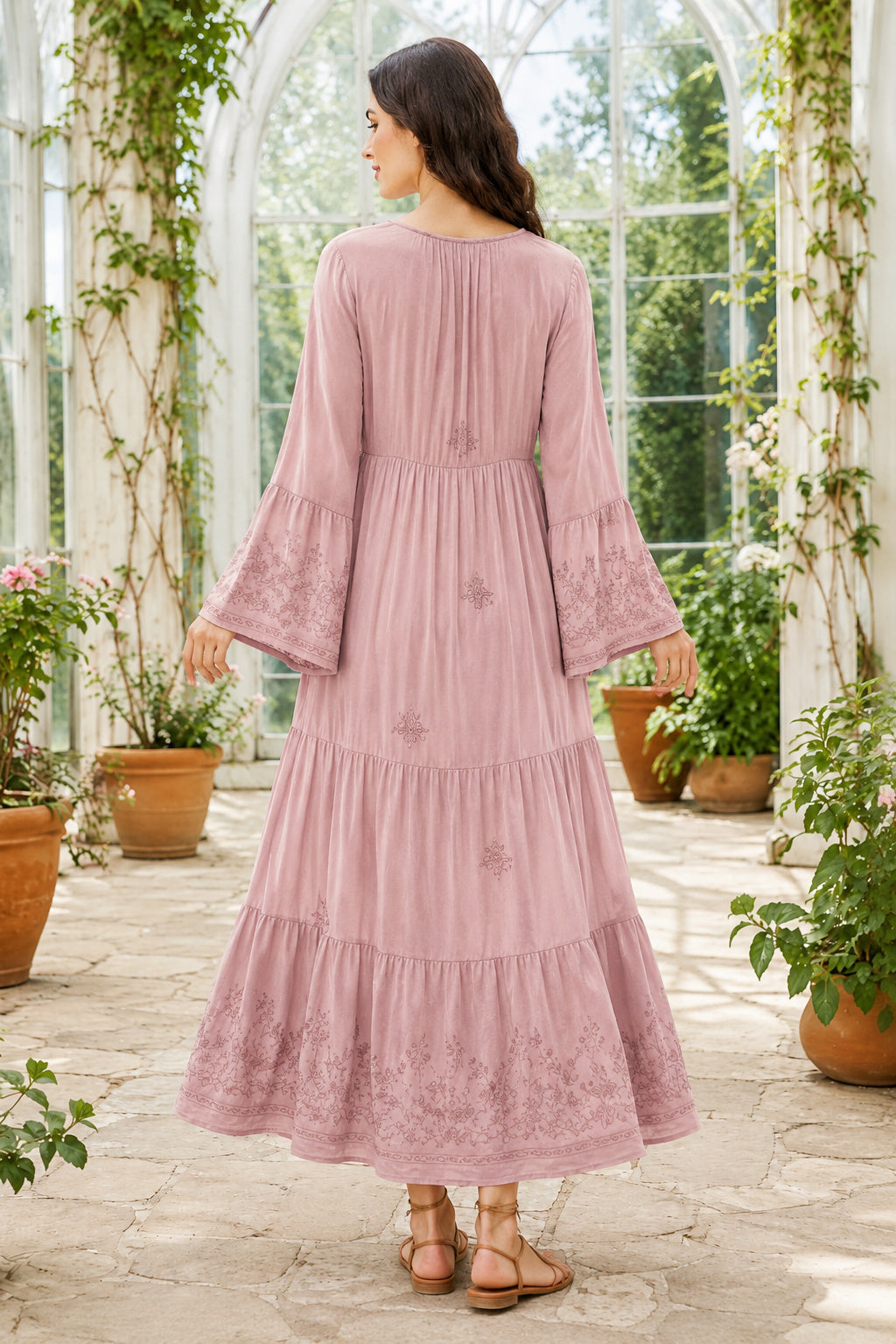 Dusty Rose Square Neck Boho Guest Dress with Bell Sleeves and Tiered Ankle Skirt back view