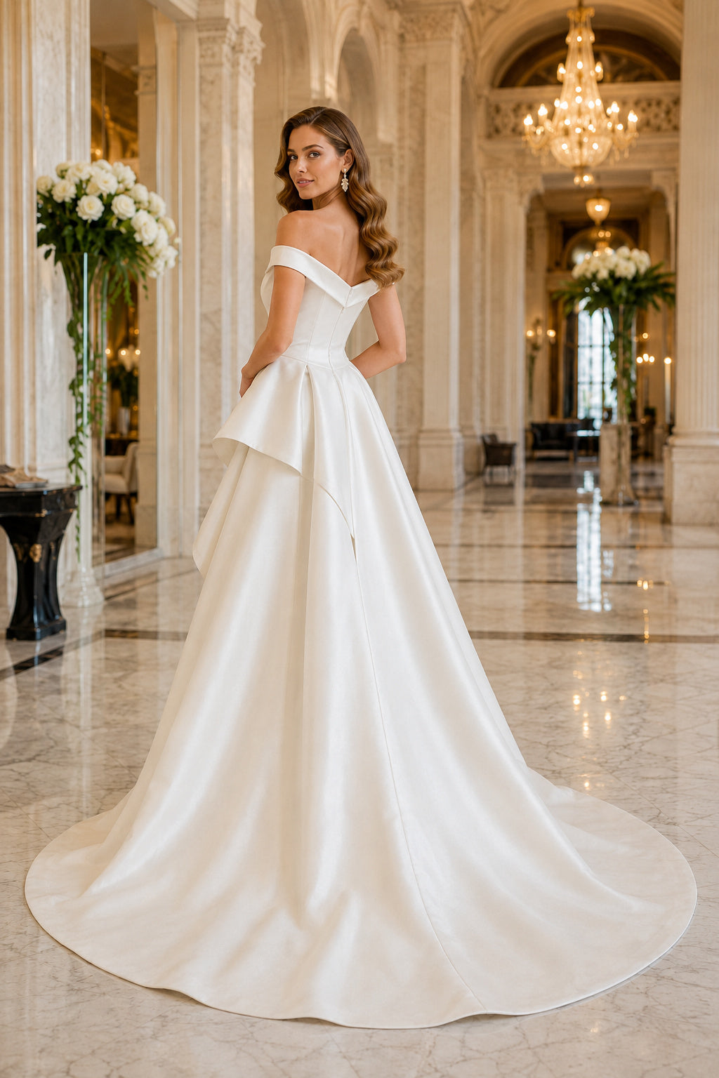Off Shoulder Satin High-Low Wedding Dress with Draped Skirt back view