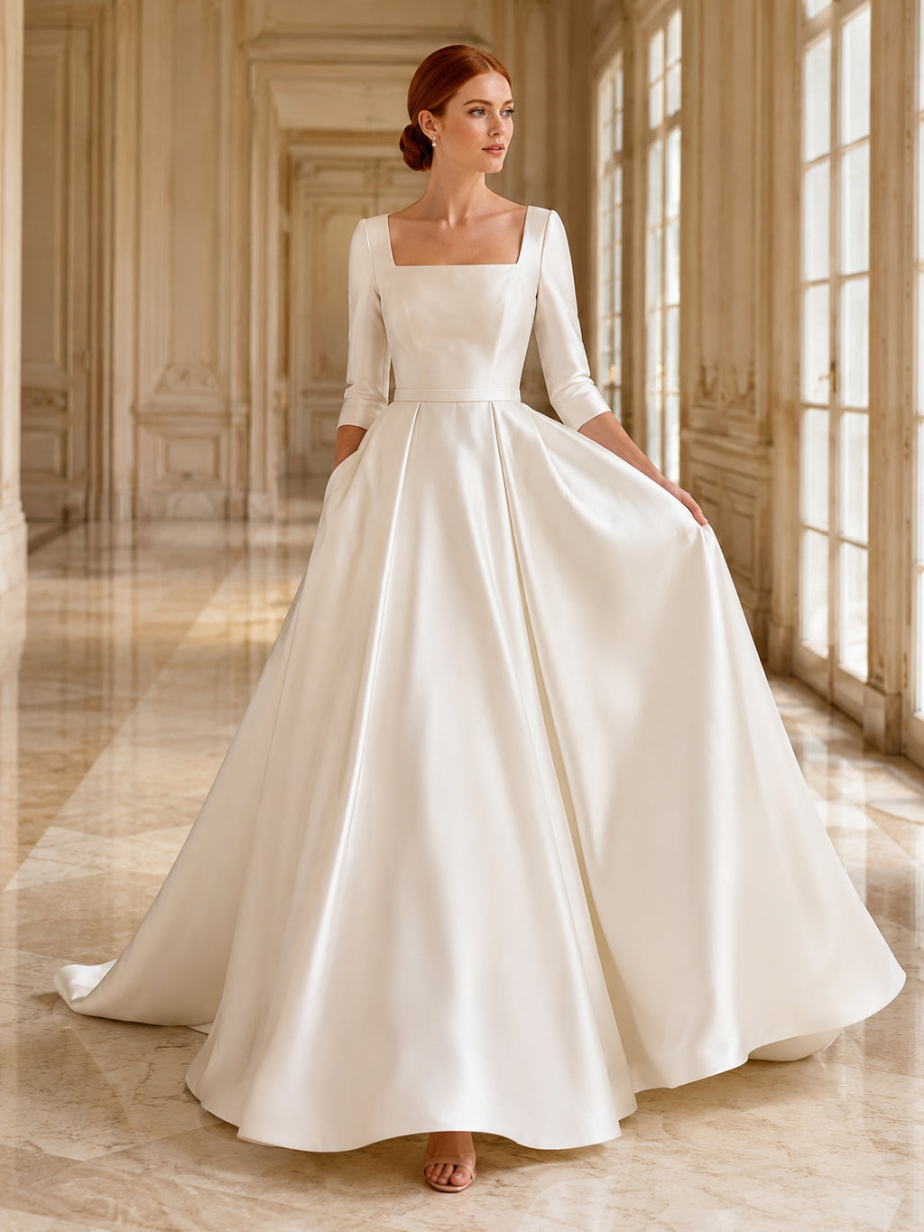 Modest Square Neck Three-Quarter Sleeve Satin Ball Gown Chapel Train Wedding Dress front view
