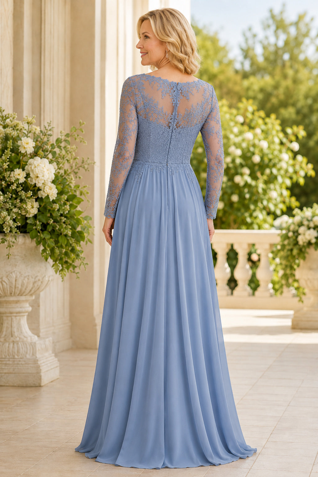 Steel Blue Bateau A-Line Mother Dress with Illusion Long Sleeves and Chiffon Skirt Style MG_300474 back view