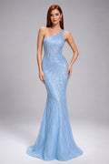 Sky Blue One-Shoulder Sequin Mermaid Formal Dress with Sweep Train front view