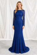 Bateau Neck Long Sleeve Mermaid Lace Floor-Length Dress With Train