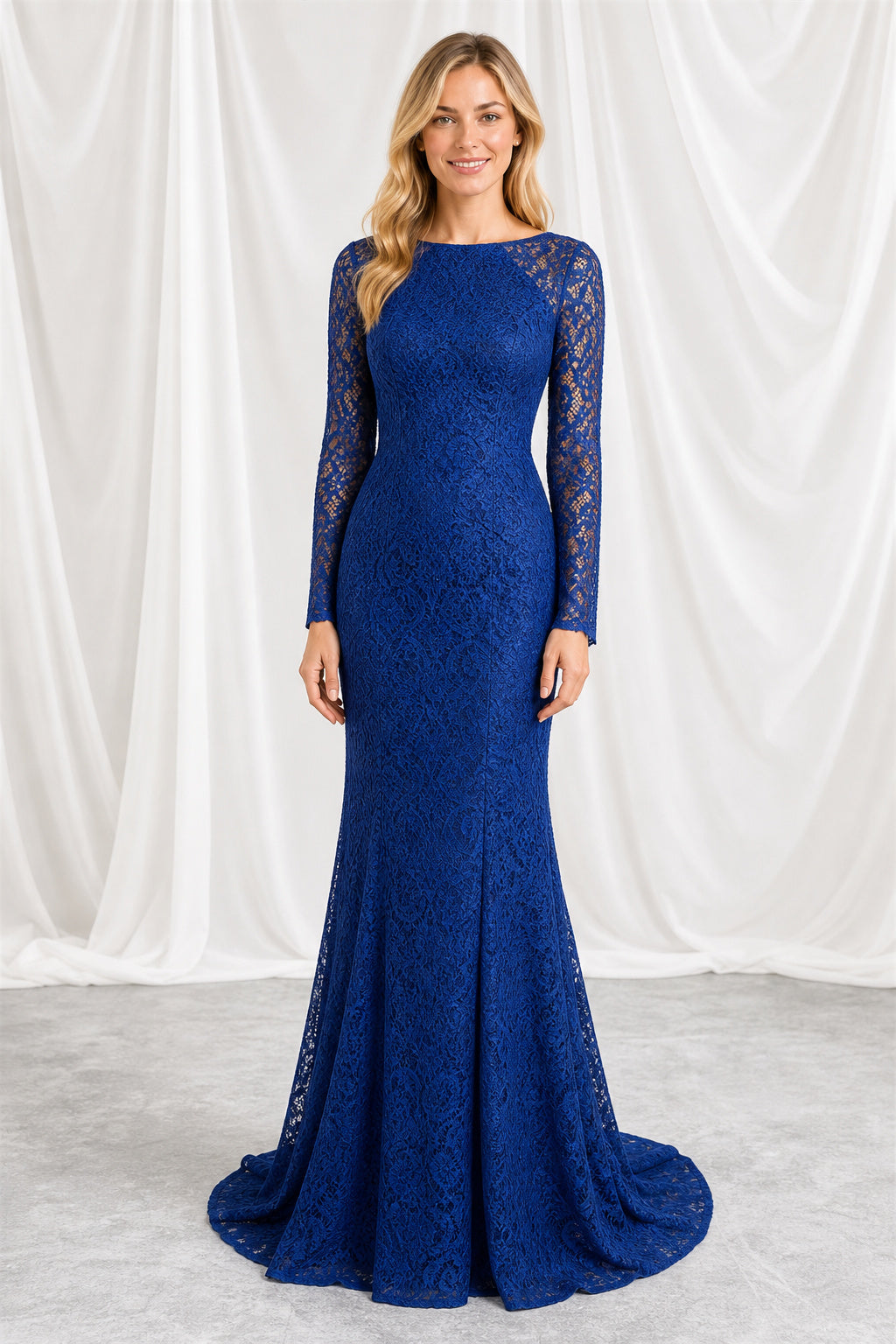 Bateau Neck Long Sleeve Mermaid Lace Floor-Length Dress With Train