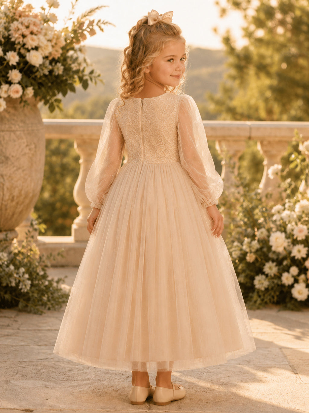 Flower Girl Dress Champagne Tulle A-Line Jewel Neck Tea Length Full Skirt back view