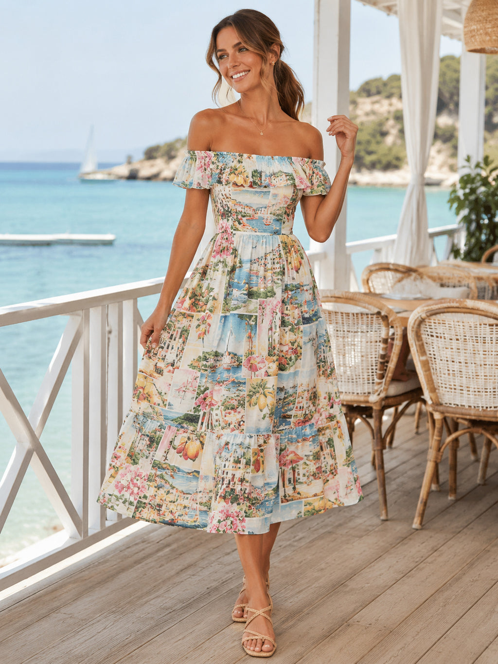Postcard Print Off Shoulder Ruffle Midi Vacation Dress front view