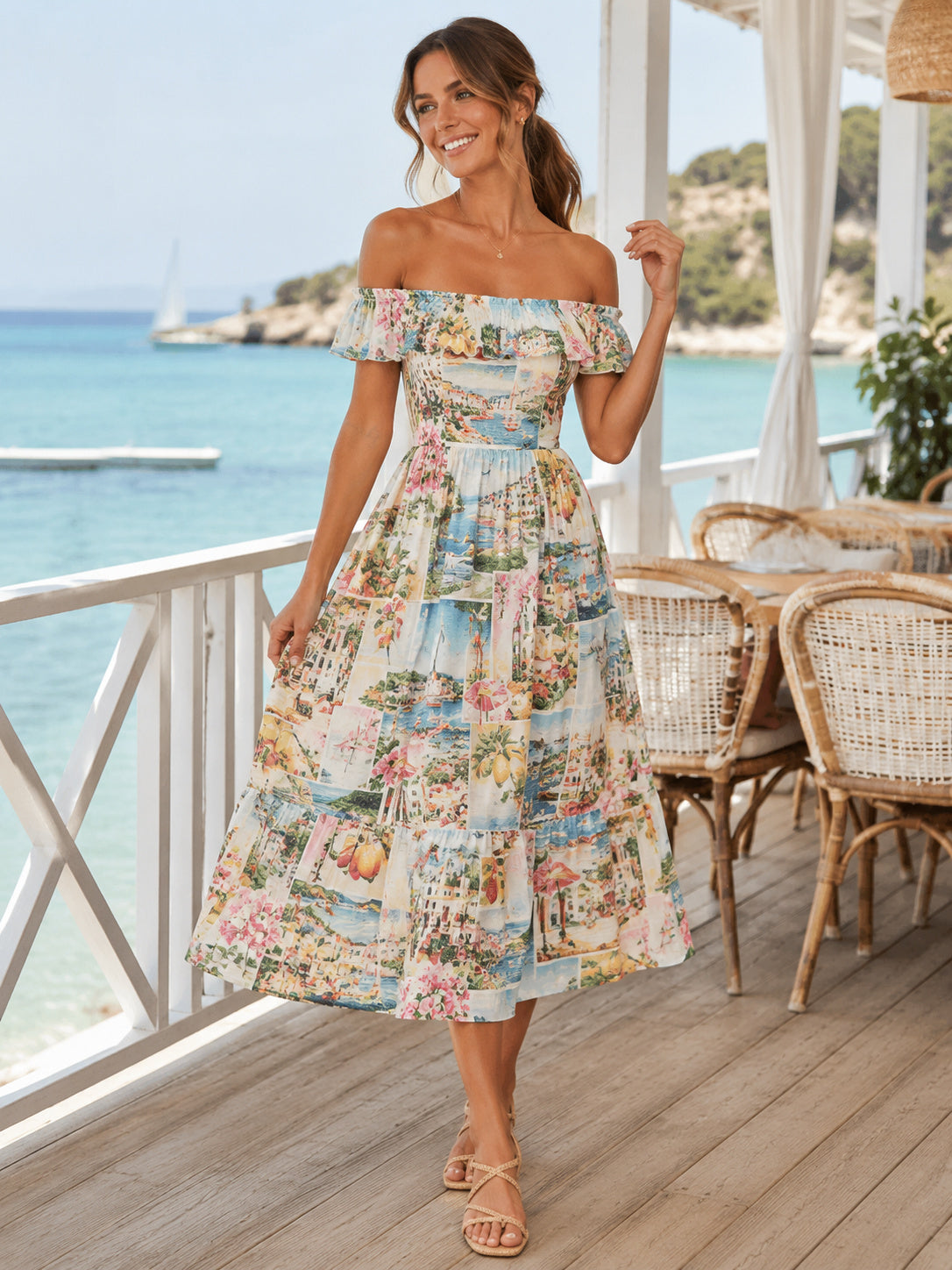Postcard Print Off Shoulder Ruffle Midi Vacation Dress front view