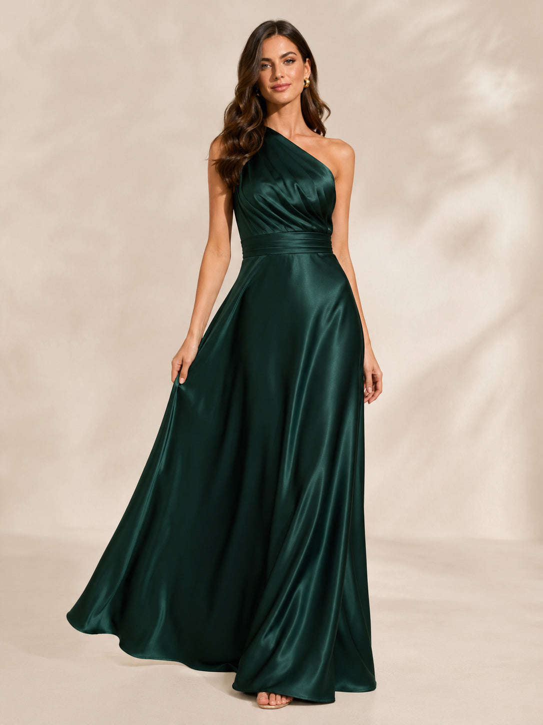 Emerald One Shoulder Satin A Line Floor Length Gown front view