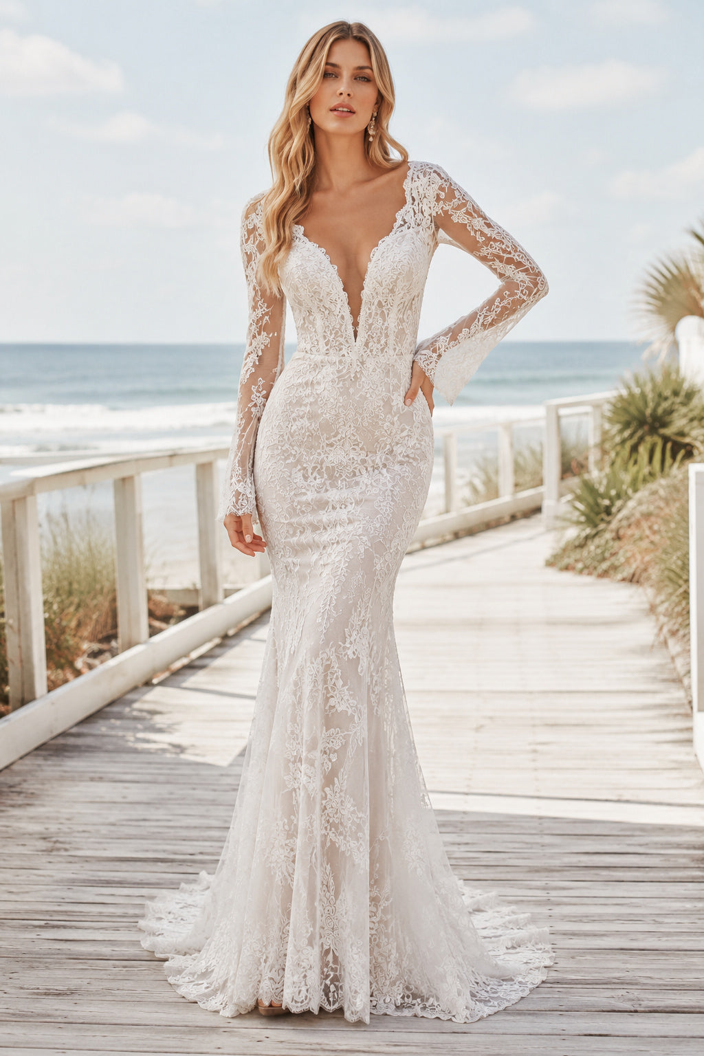 Ivory Long Sleeve Lace Mermaid Wedding Dress Sweep Train for Wedding Ceremony and Reception Style MG_701445 front view