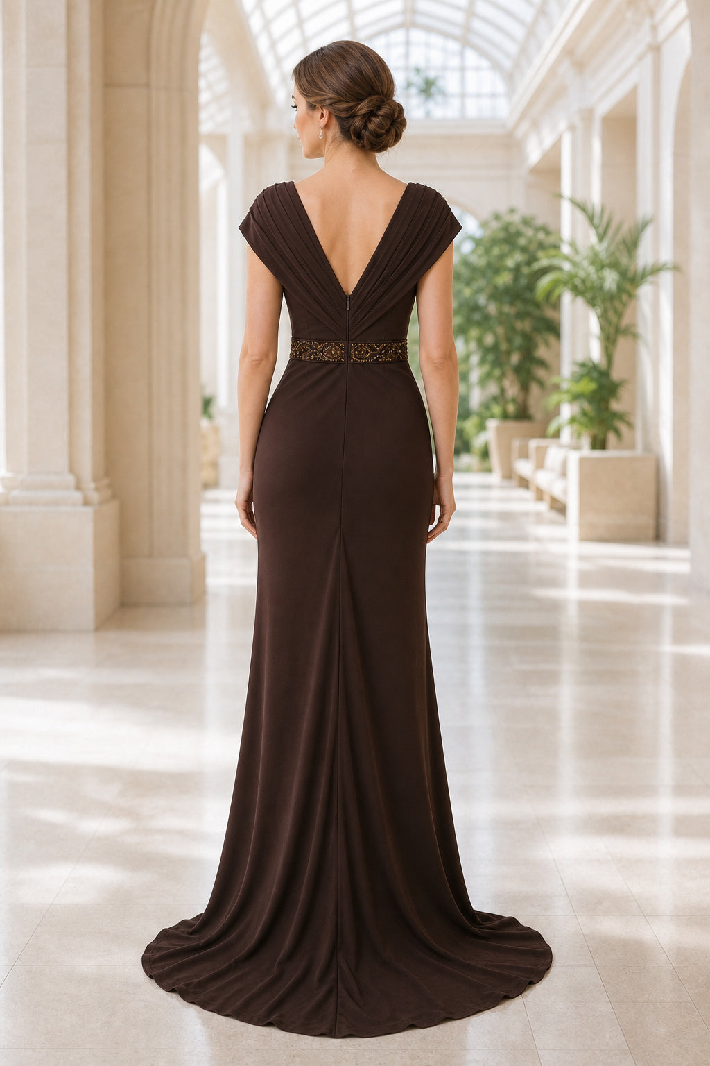Chocolate V-neck Cap Sleeve Sheath Chiffon Floor-Length Dress With Beaded Waist