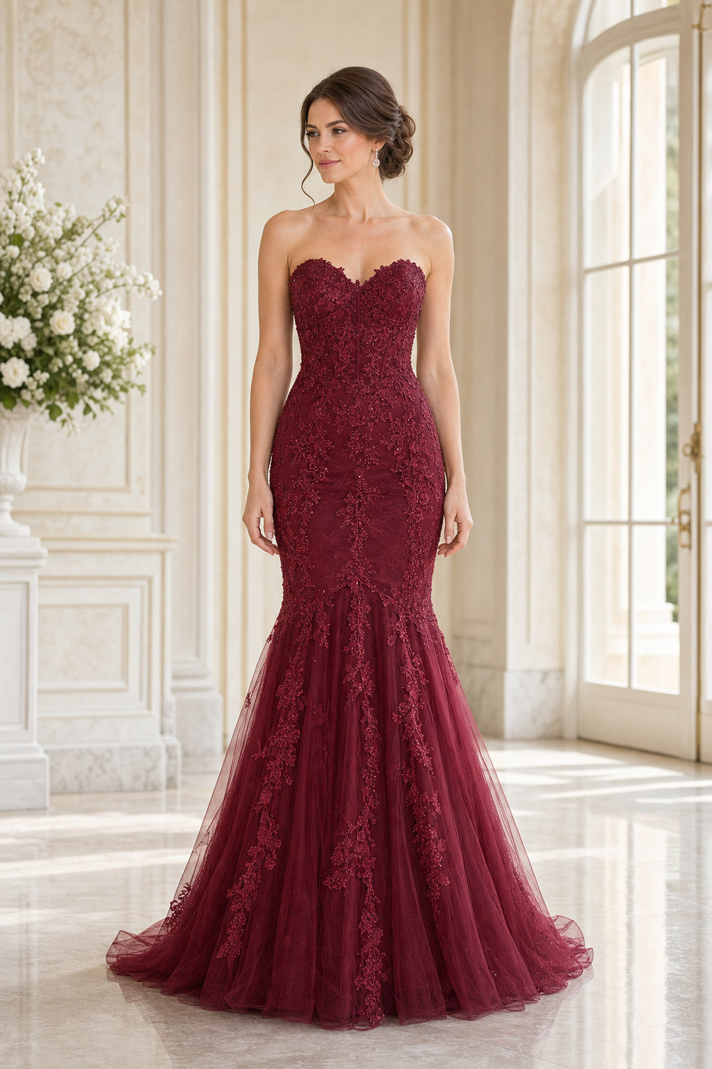 Burgundy Strapless Sweetheart Mermaid Lace Floor-Length Dress With Lace-Up Back