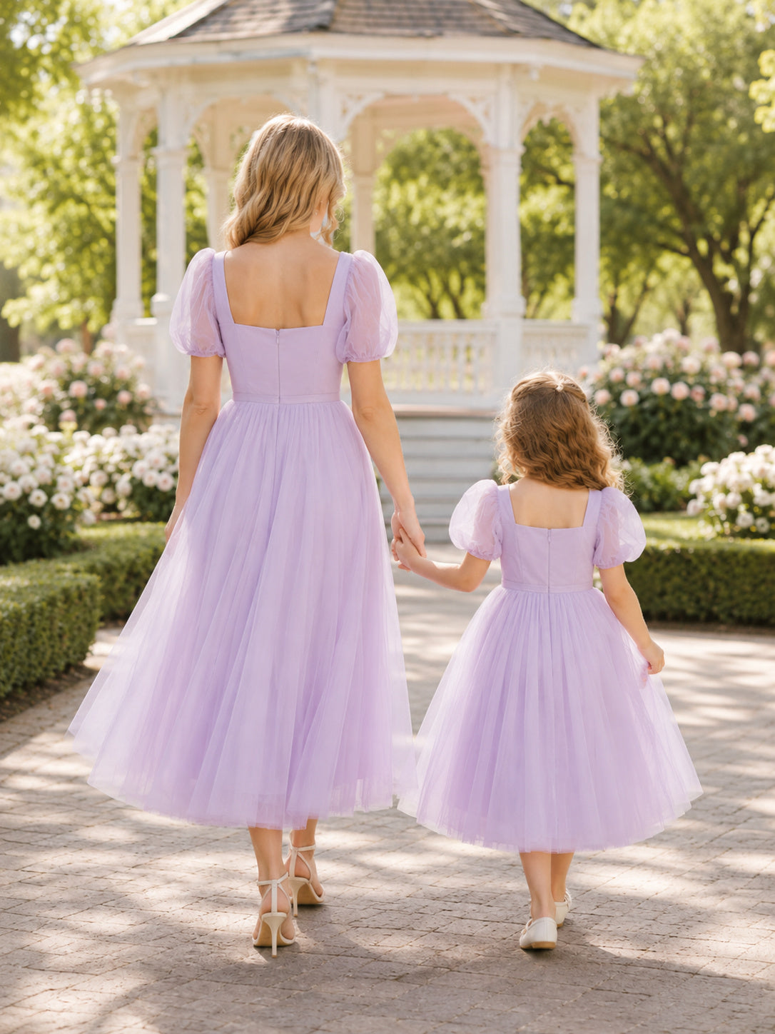Matching Lavender Square Neck Puff Sleeve Tulle Midi Dresses back view