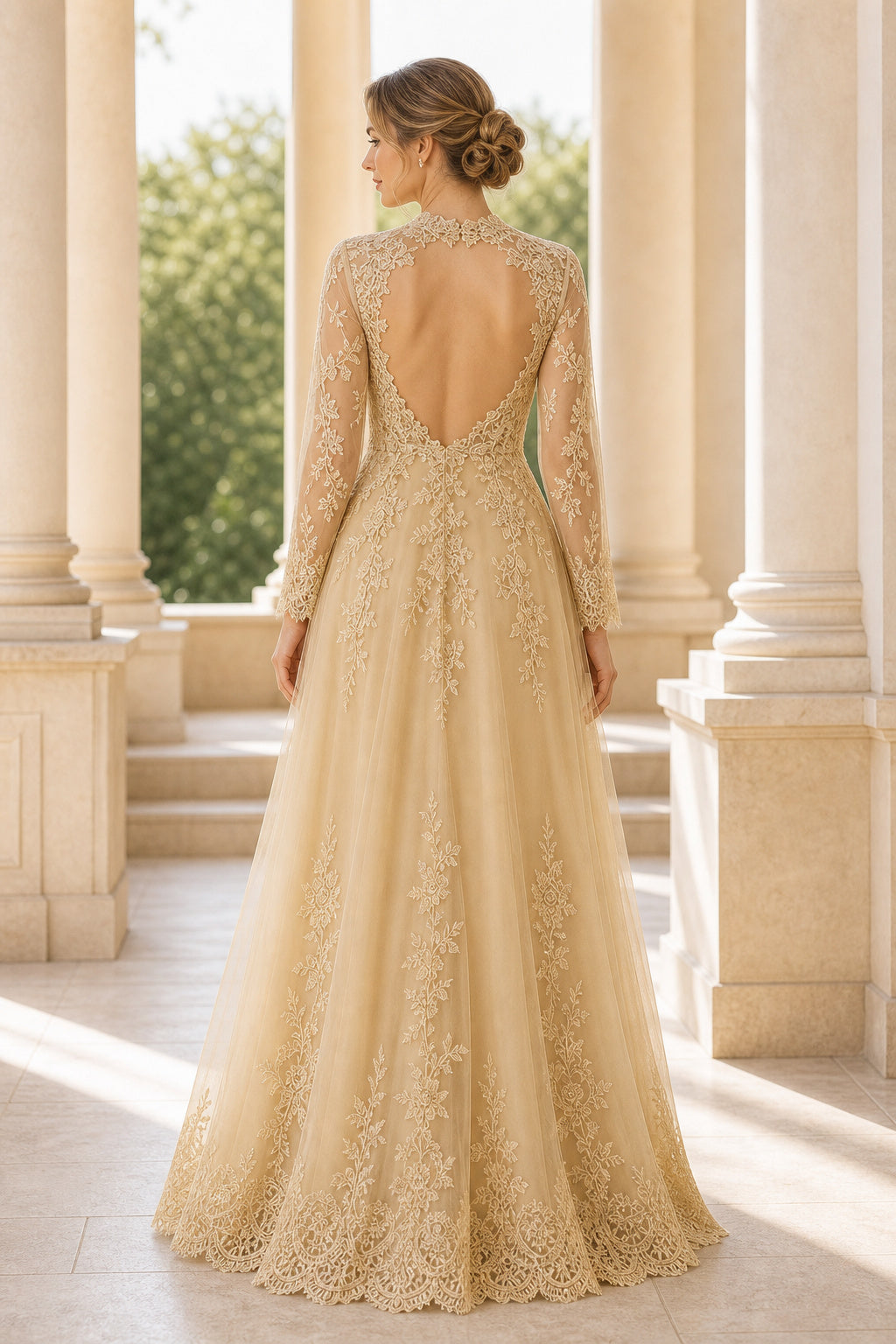 White Illusion Long Sleeves A-Line Crepe Floor-length Wedding Dress With Sweep Train and Open Back