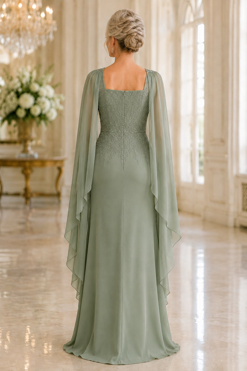 Sage Square Neck Sheath Mother Dress with Beaded Bodice and Flowing Cape Sleeves back view