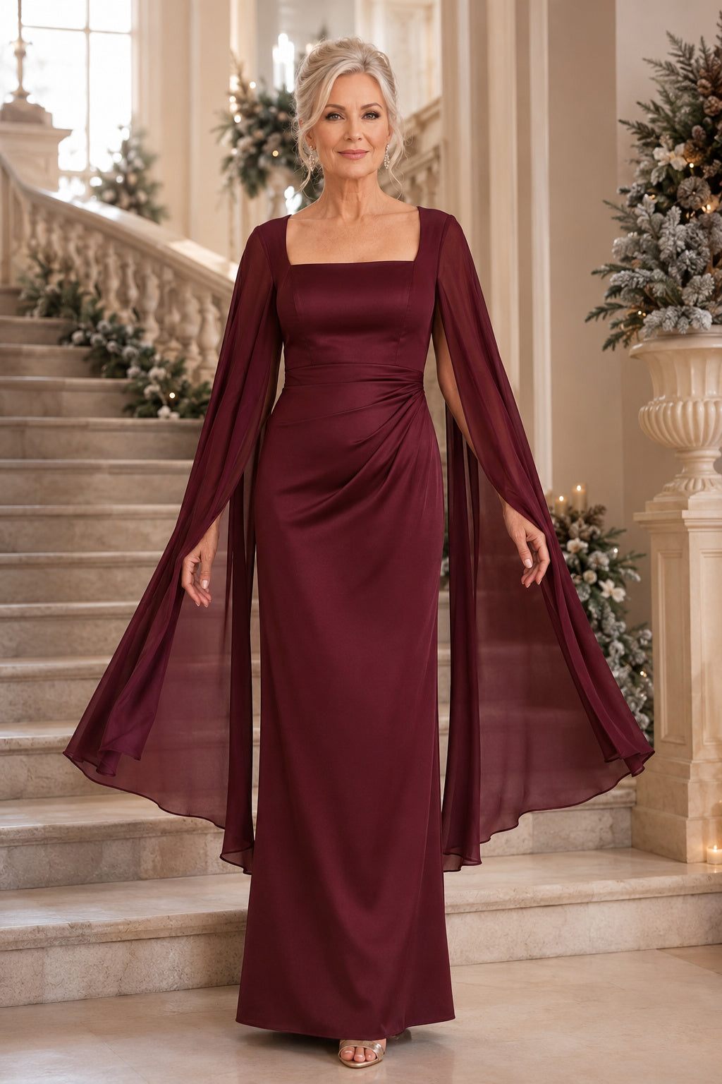 Burgundy Square Neck Sheath Mother Dress with Long Cape Sleeves and Satin Finish front view
