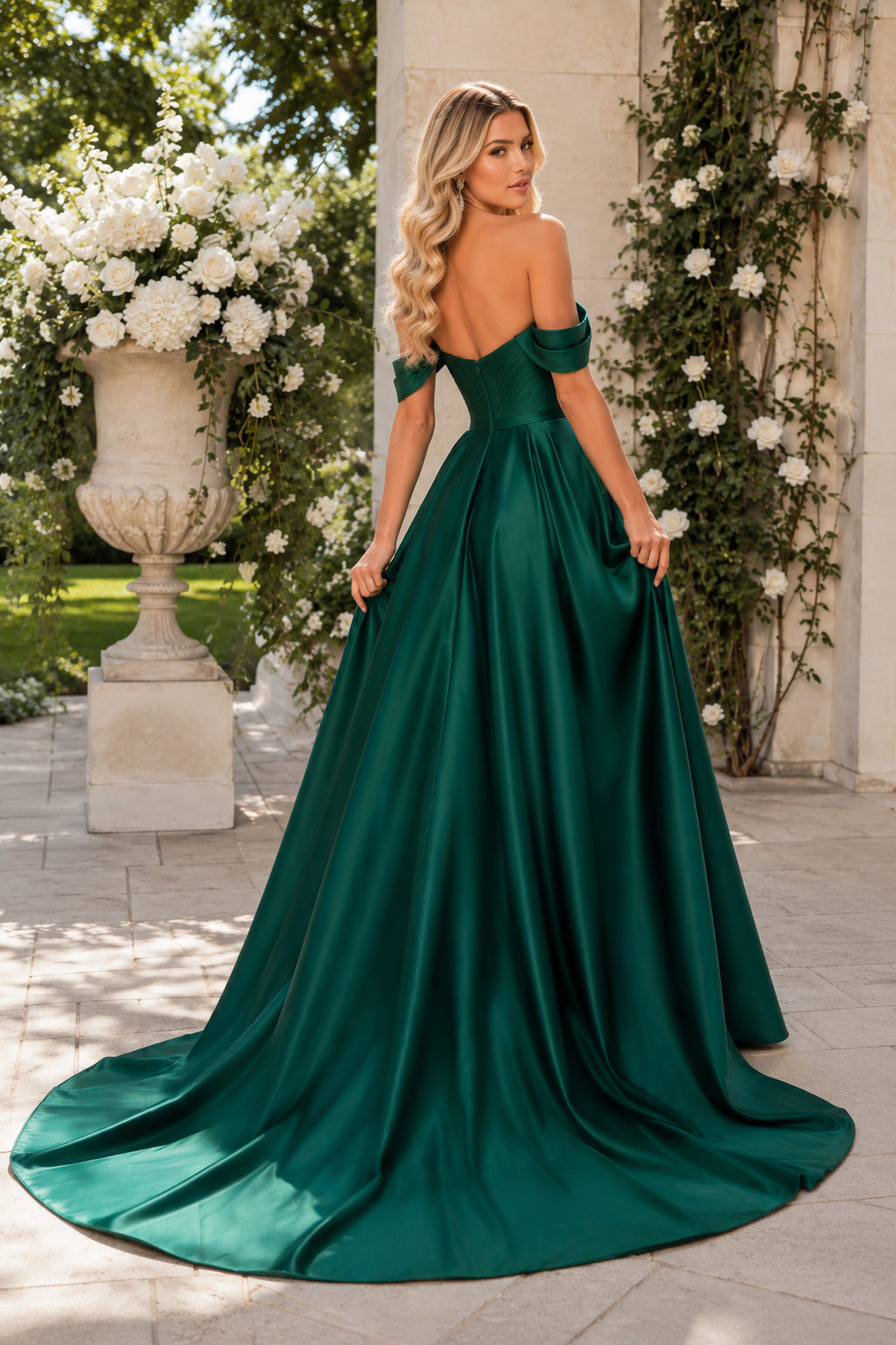 Dark Green Off-the-Shoulder Satin A-Line Prom Dress with Sweep Train back view