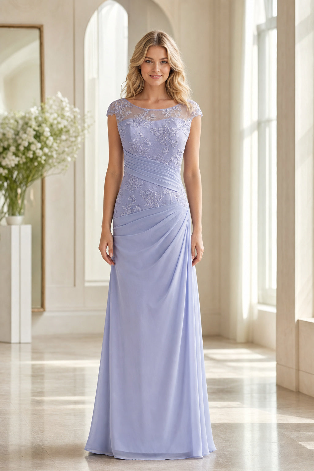 Lavender Bateau Cap Sleeve Sheath Floor-Length Dress With Illusion Back