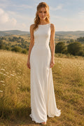 Ivory Bateau Neck Sleeveless Stretch Satin Sheath Wedding Dress with Low Back front view