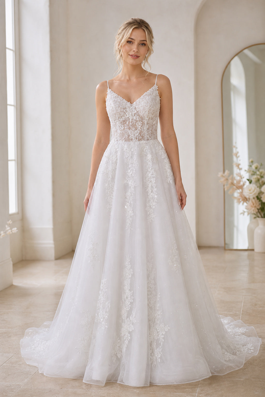 White Square A-Line Satin Floor-length Wedding Dress With Beaded Waist and Floral Appliques and Open Back