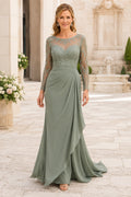 Sage Long Sleeve Sheath Mother Dress with Lace Bodice and Draped Chiffon Skirt for Evening Reception front view