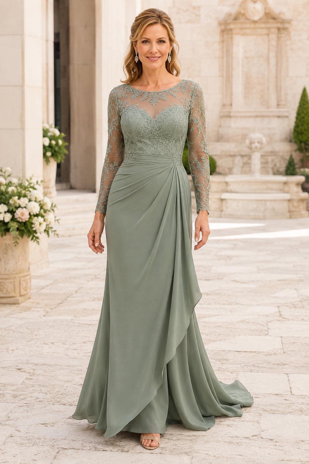 Sage Long Sleeve Sheath Mother Dress with Lace Bodice and Draped Chiffon Skirt for Evening Reception front view