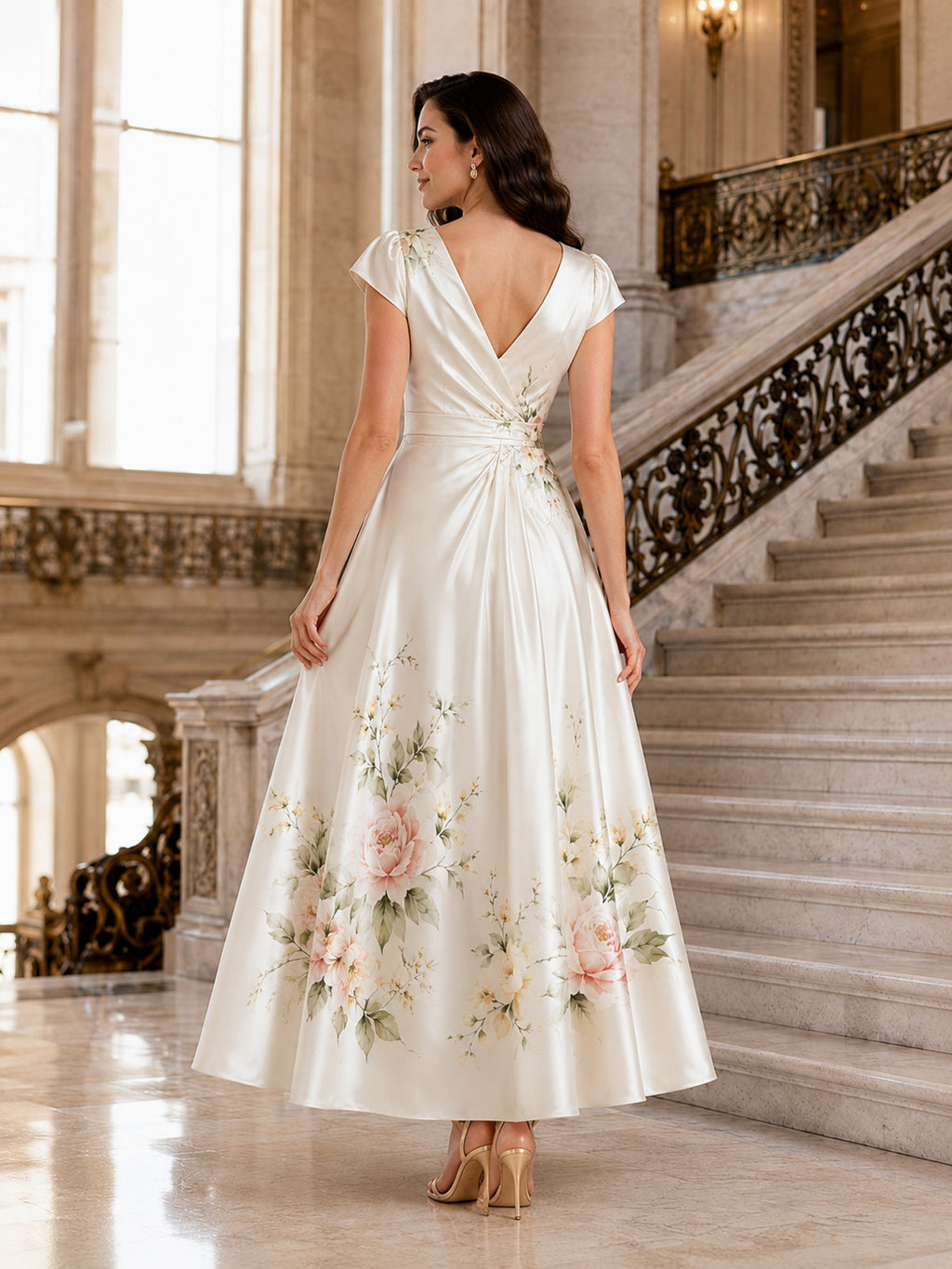 Painted Floral V-Neck Satin City Hall Midi Bridal Dress back view