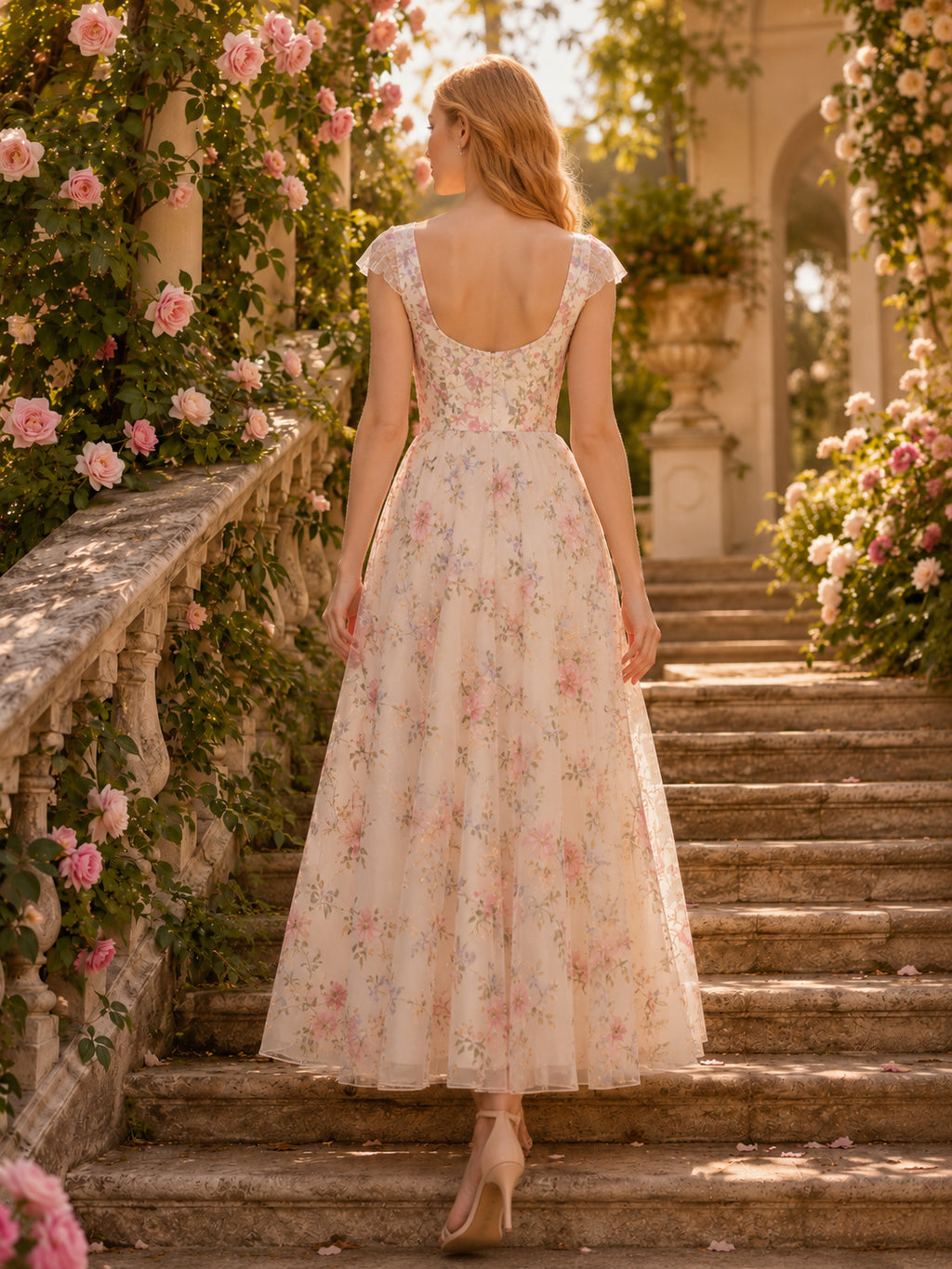Light Floral Spaghetti Strap Garden Party Midi Dress back view