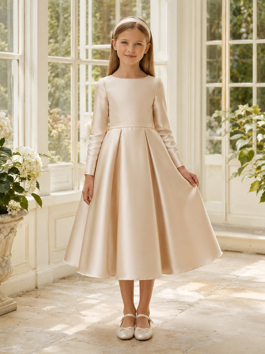 Champagne Satin Long Sleeve Tea-Length A-Line Flower Girl Garden Wedding Dress With Bow front view