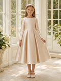 Champagne Satin Long Sleeve Tea-Length A-Line Flower Girl Garden Wedding Dress With Bow front view