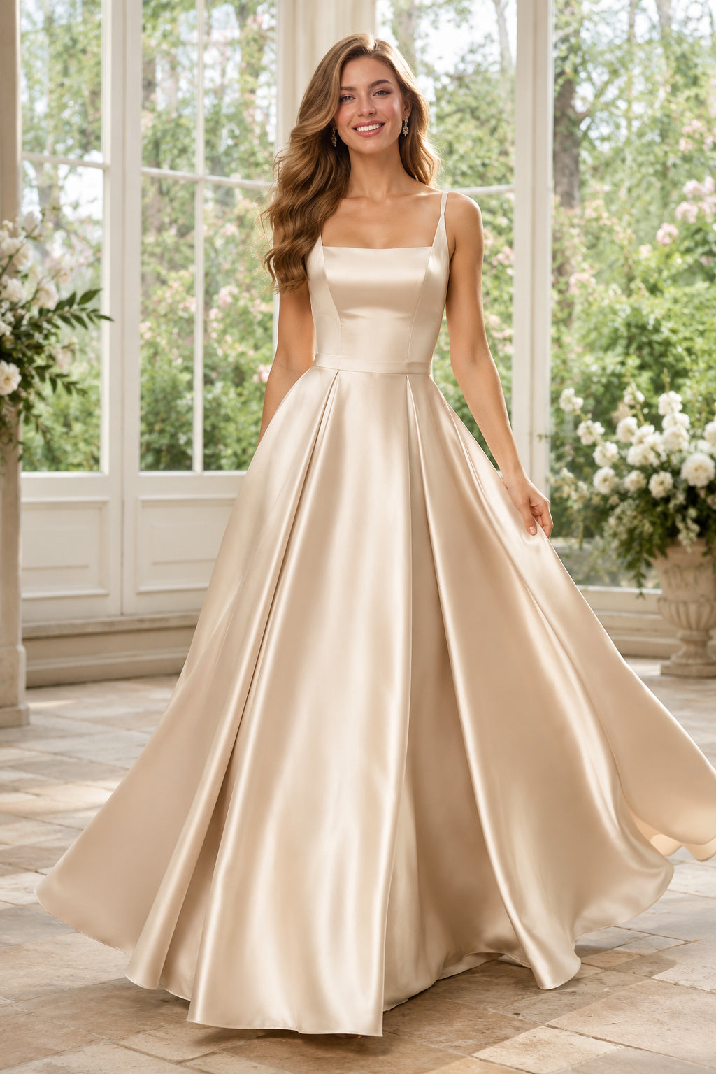 Champagne Square Neck Satin A-Line Formal Dress with Wide Straps and Full Skirt front view