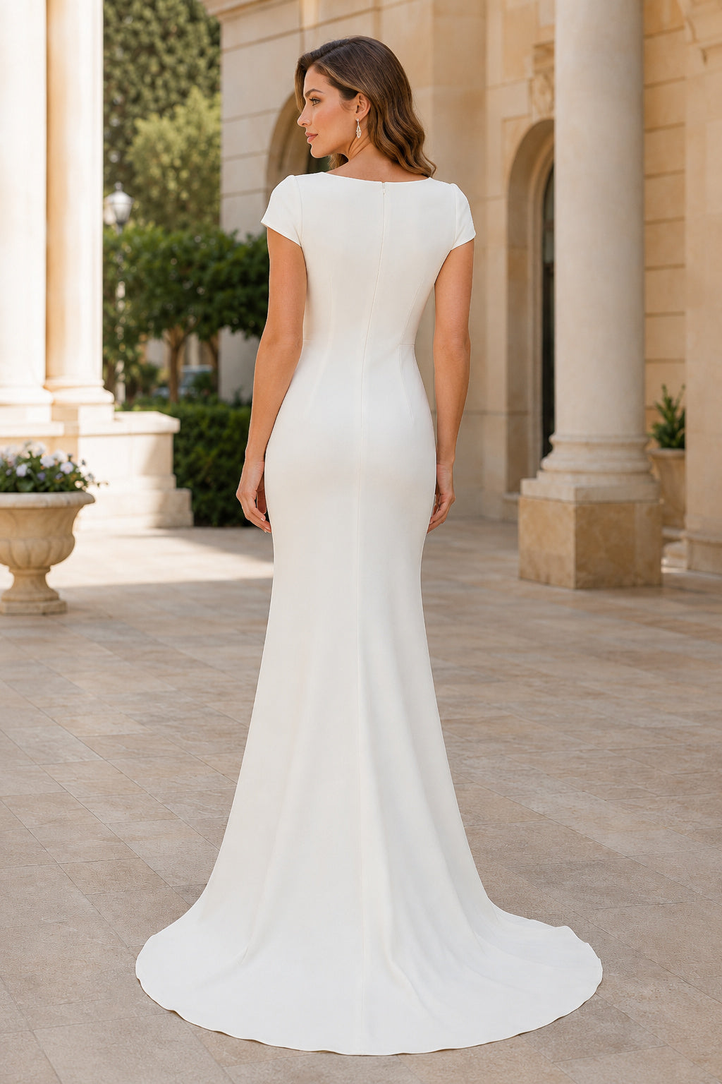 Ivory square neck cap sleeve sheath wedding dress with sweep train Floor-length And Sweep/Brush Train Sheath Wedding Dress ba