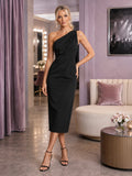 Black one shoulder draped concert date cocktail midi dress front view