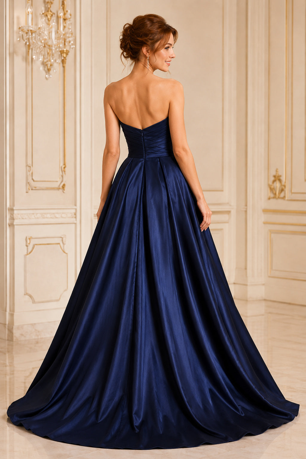Dark Navy strapless satin ball gown with sweetheart bodice and full skirt Floor-length And Sweep/Brush Train Ball Gown Prom D