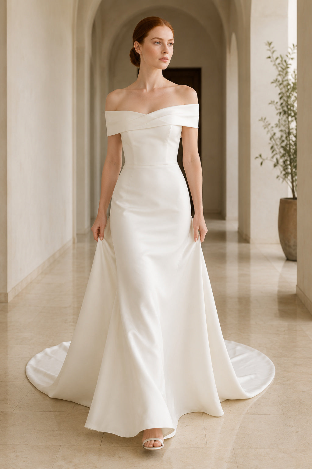 Off-the-Shoulder Satin Mermaid Wedding Dress with Court Train front view
