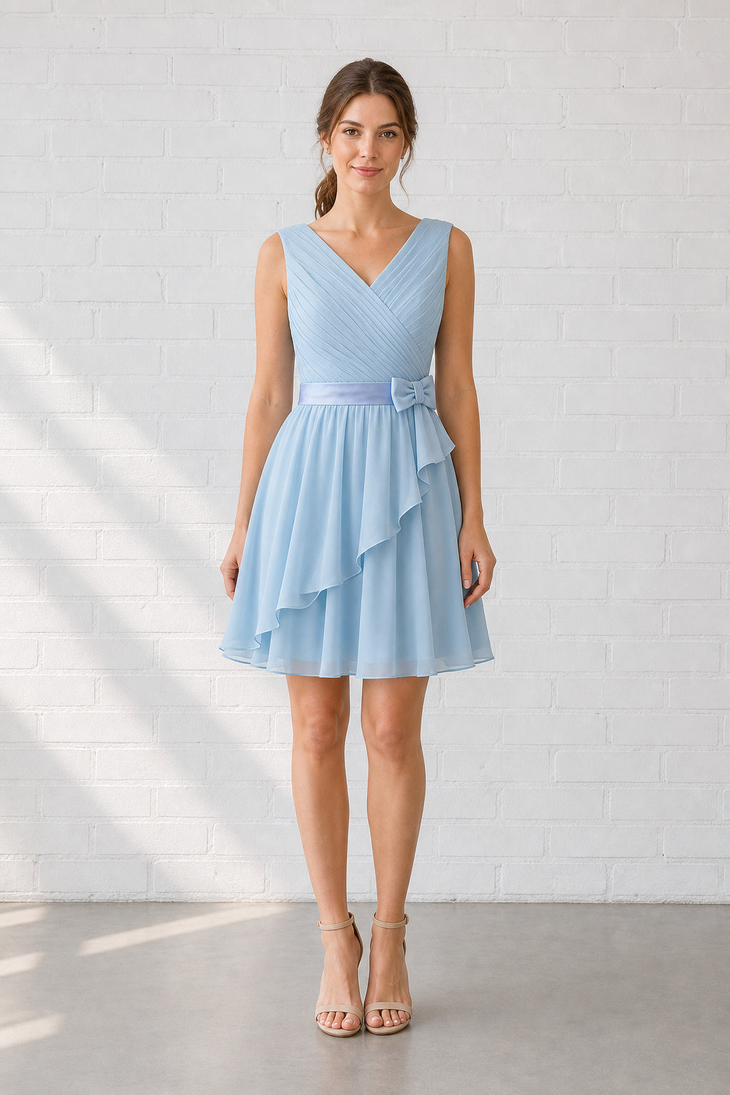V-neck Sleeveless A-Line Chiffon Knee-Length Dress With Bow Sash