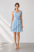 V-neck Sleeveless A-Line Chiffon Knee-Length Dress With Bow Sash