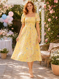 Yellow floral square neck puff sleeve A-line midi dress front view