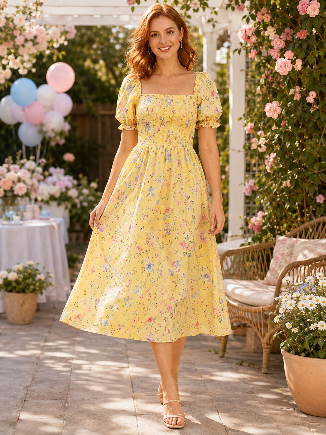 Yellow floral square neck puff sleeve A-line midi dress front view