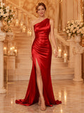 Red One Shoulder Satin Slit Anniversary Photo Gown front view