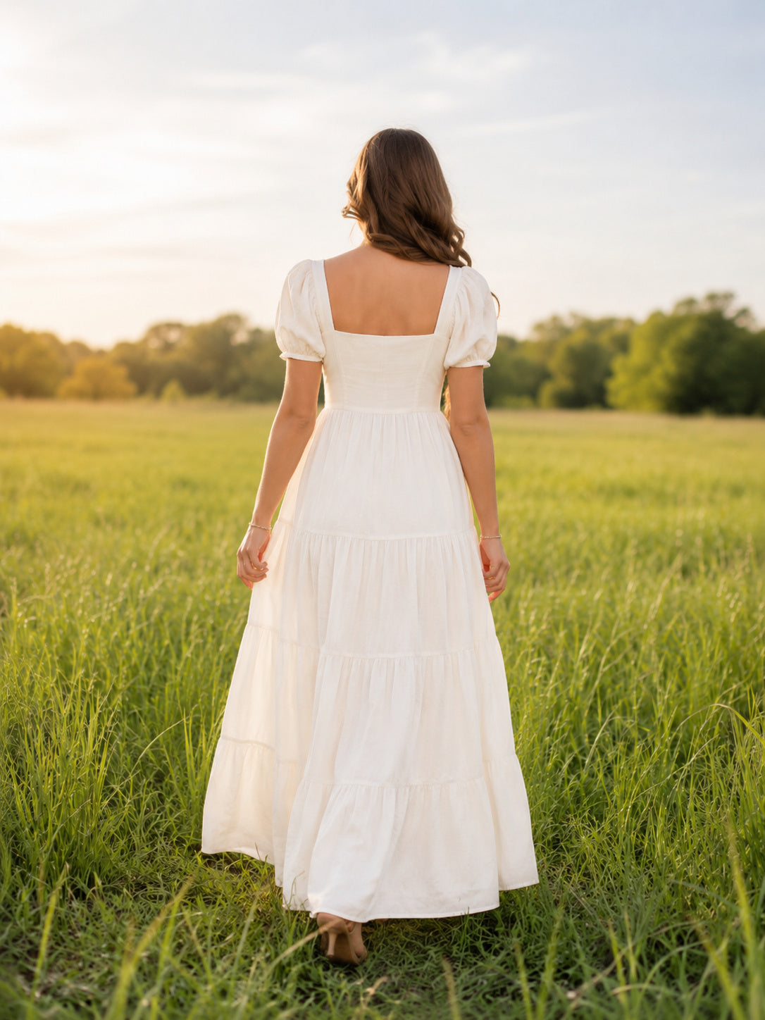 Soft short sleeve square neck tiered maxi field dress back view