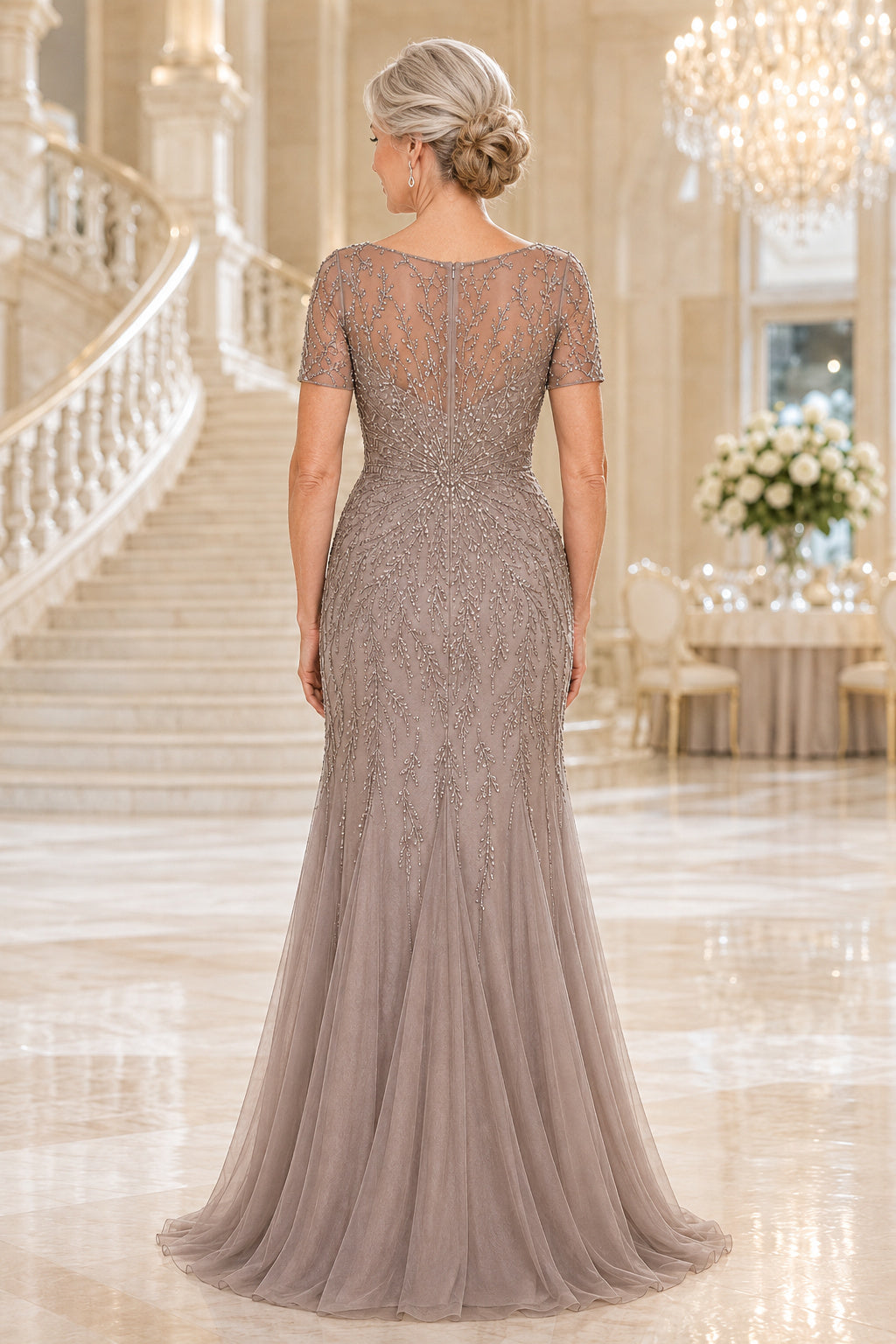 Taupe Bateau Mermaid Mother Dress with Lace Overlay and Short Sleeves for Evening Reception back view