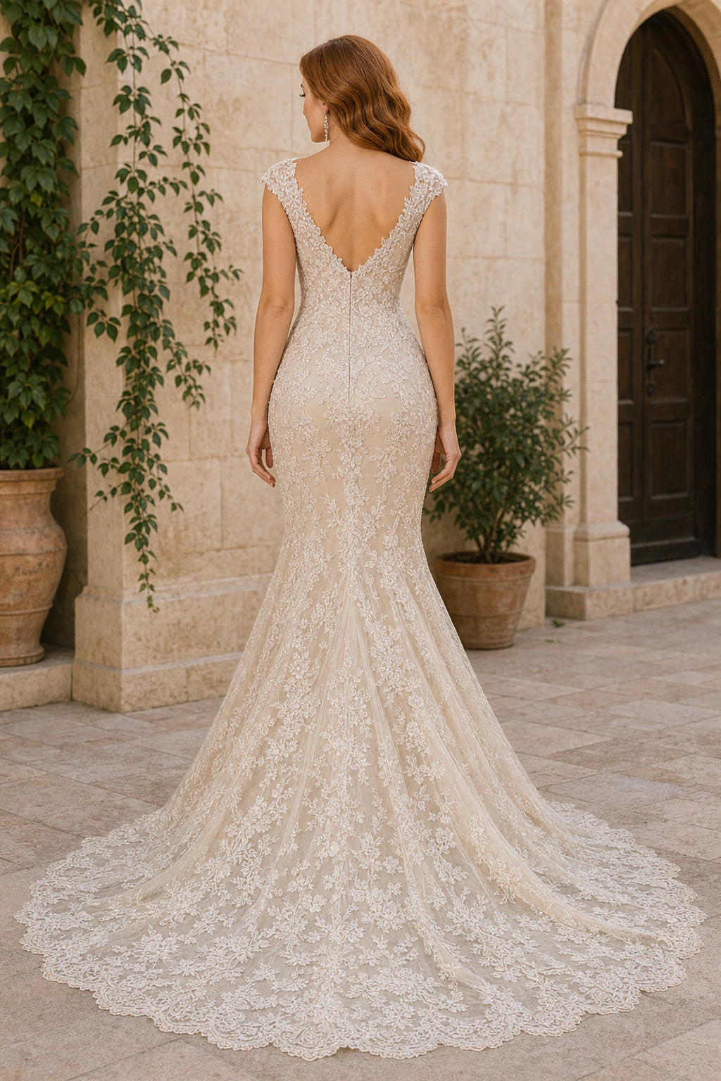 Champagne V-neck Cap Sleeves Mermaid Lace Floor-length Wedding Dress With Lace and Train and Open Back